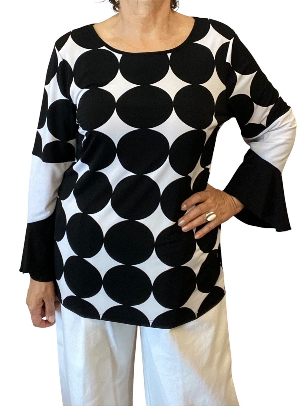 Black & White Dot Bell-Sleeve Women's Top retro 70s vibe Size L